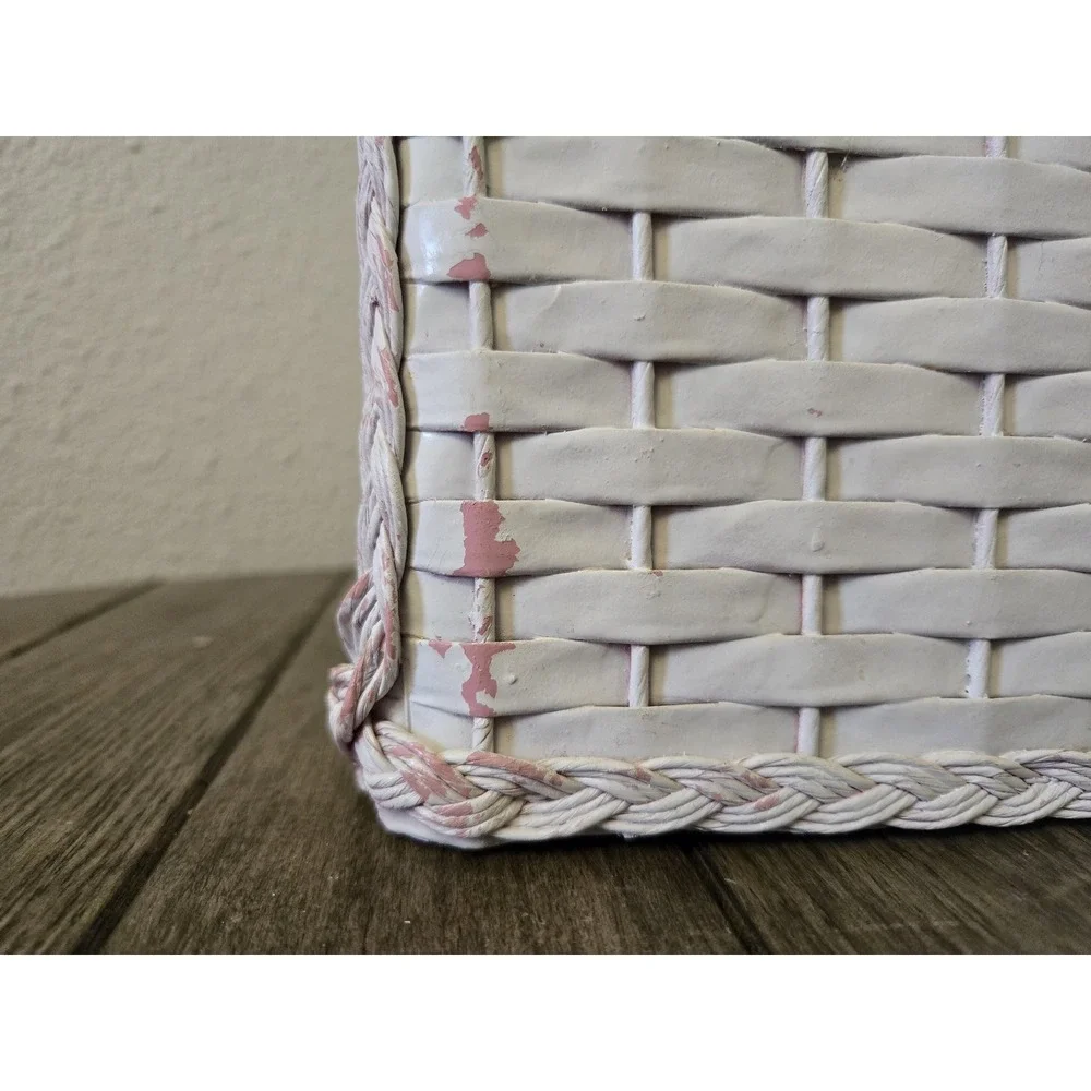 Vintage White Woven Wicker Trash Can Wastebasket Rectangle Shabby Chic MCM READ